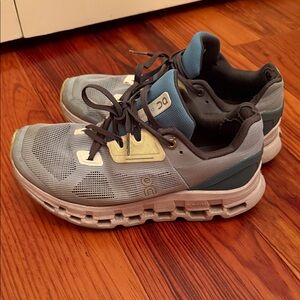 On Running Gray and Blue Athletic Shoes